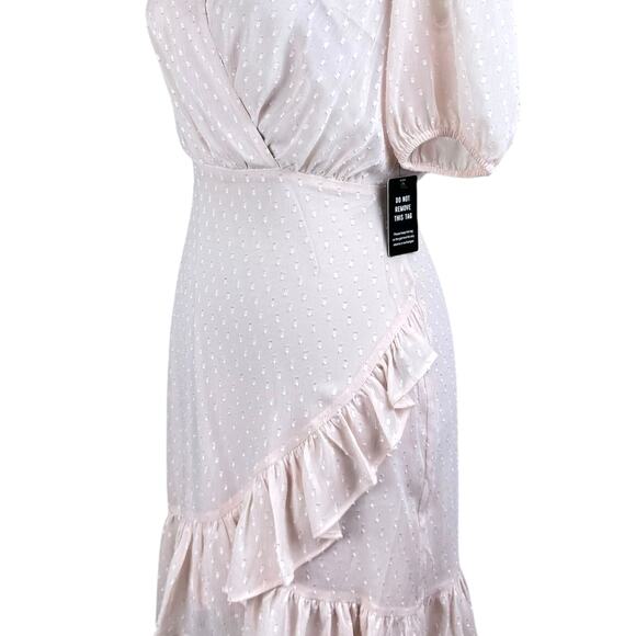 Express NWT Blush Pink Swiss Dot Puff Sleeve Asymmetrical Ruffle Mini Dress - Picture 8 of 12